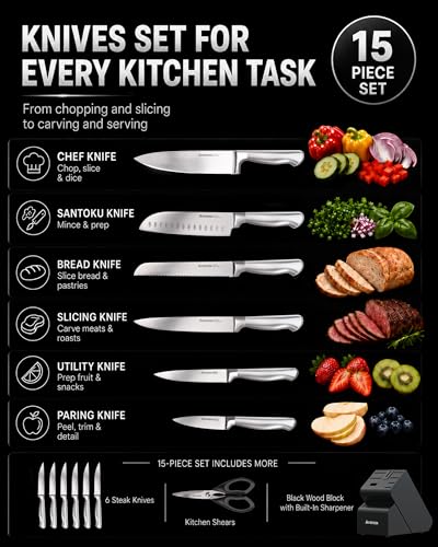Astercook Knife Set 15 Piece German Steel Kitchen Knife Block Set - color: Midnight Black