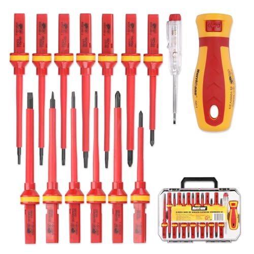 HURRICANE 1000V Insulated Screwdriver Set, 15 Piecse Professional Insulated Electrician Screwdriver Set, CR-V Magnetic Tips, Square(Robertson) Phillips Slotted Pozi Torx Insulated Electrician Tool Kit - size: 15-Piece Complete Insulated Screwdriver Set
