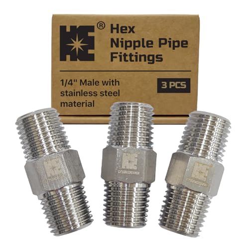 Cosmostar 3 PCS 1/4" Male Hex Nipple Pipe Fittings, 304 Stainless Steel NPT Threaded Pipe Adapter, Compact Heavy Duty Fittings for Air, Fuel & Water Lines - size: 1/4 NPT-3pcs