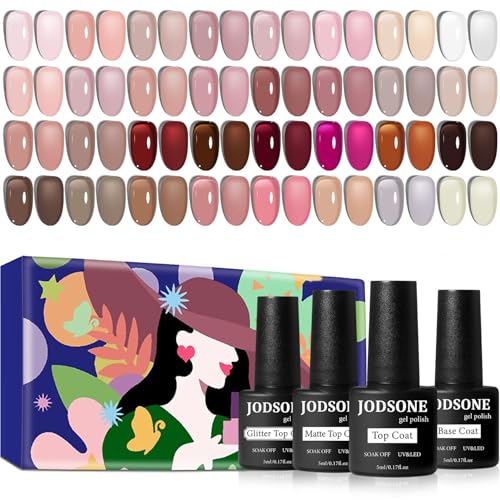 JODSONE Jelly Gel Nail Polish Set, 32 Colors Sheer Pink Gel Polish Set with Base & Top Matte Glitter Coat for Nail Art DIY Salon at Home - color: B30