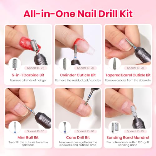 Beetles Cordless Nail Drill Kit, 6 Drill Bit 35 Speeds Electric Nail File - color: B - Grey