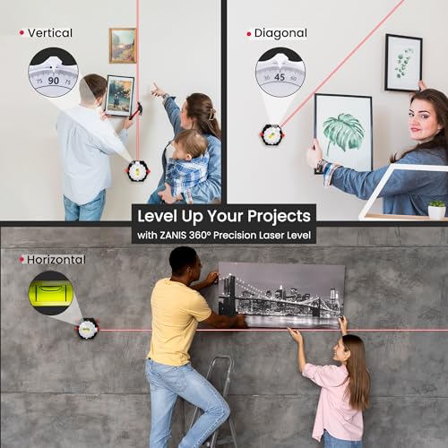 ZANIS Multi Surface Laser Level – Wall-Mountable with Pins, Screws, or Sticky Pads – Dual Dials with Bubble Level – Precision Tool for Hanging Pictures, Shelves, and DIY Projects