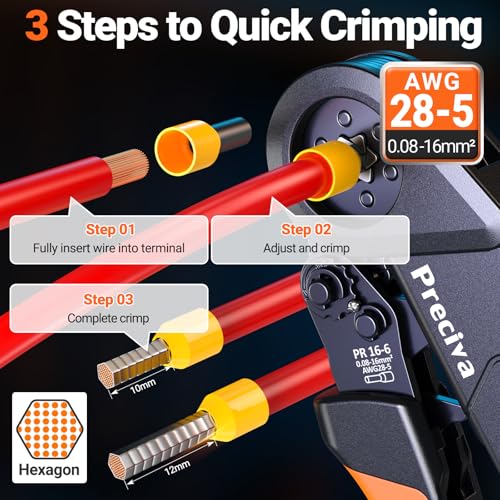 Preciva Ferrule Crimping Tool Kit with Wire Stripper, Hexagonal Ferrule Crimper AWG 28-5（0.08-16mm²） Self-Adjustable Ratchet Ferrule Terminals Crimping Tool with 1660Pcs Ferrules Connectors - size: Hexagonal Ferrule Crimping Tool Kit