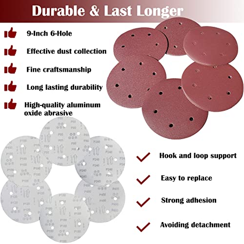 30 PCS 9 Inch 6 Hole Drywall Sanding Discs Set- 80 100 120 180 240 400 Grits, 9" Sandpaper Discs with Hook & Loop Backing, Fast Cutting Aluminum Oxide Abrasive for Drywall Power Sander, Wood Sander