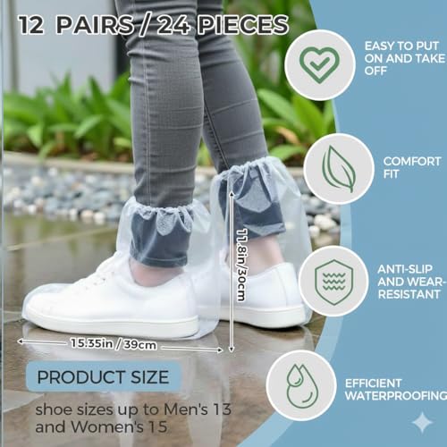 24pcs (12Pairs) Waterproof Shoe Covers, Shoe Covers for Rain, Disposable Shoe Covers, Rain Shoe Covers, Plastic Boot and Shoe Covers for Men and Women (Transparent)