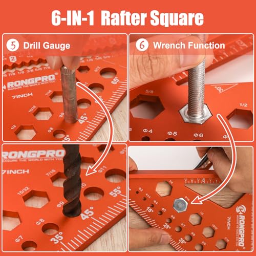 6-in-1 Carpenter Square 7 inch, Aluminum Rafter Square, Multi-Purpose Carpenter Tools : Wrench, Square, Protractor, Ruler,Marking Gauge, Drill Gauge, Includes 2pcs Carpentry Pencil - size: 7inch