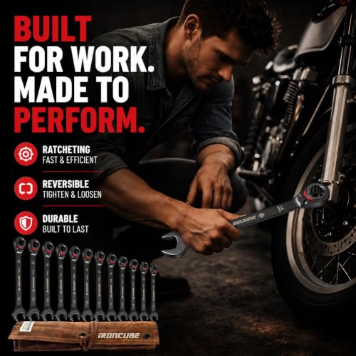 ironcube Reversible Ratcheting Wrench Set: 12-Piece Metric 8-19mm - Tough Black - Wax Canvas Storage Bag - Automotive and Motorcycle Repair Tools - size: 12-Piece Metric Reversible
