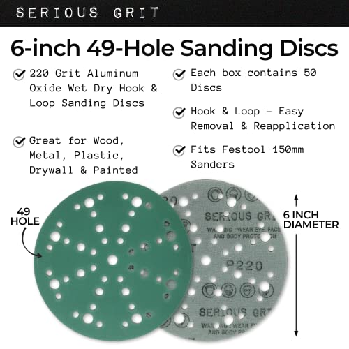 Serious Grit - 6-Inch 49-Hole P220 Grit Sanding Discs - 50 Pack Box - size: 220 Grit