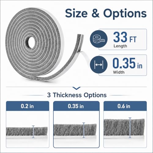 Brush Weather Stripping, 33 Ft, Gray, 0.35" W x 0.35" H - size: 33Feet x 0.35in Brush x 0.35in Backing