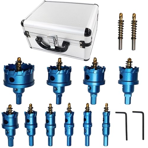 TCT Carbide Hole Saw Kit for Hard Metal 5/8"~2" Carbide Hole Saw with Titanium-Plated Pilot Drill Bit for Metal Such as Iron Stainless Steel Aluminum Alloy Plastic Copper Plasterboard 12PCS
