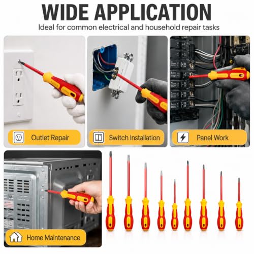 10-Piece 1000V Insulated Screwdriver Set, Magnetic Tip Electrician Screwdriver Set - style: Red yellow With Bag