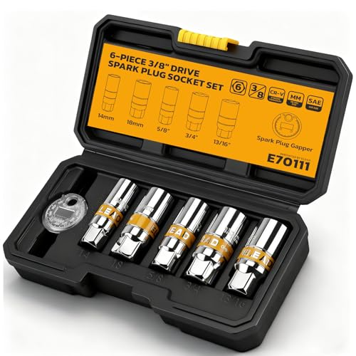 ELEAD 6-Piece 3/8" Drive Spark Plug Socket Set with Spark Plug Gapper, SAE & Metric, 5/8", 3/4", 13/16", 14mm, 18mm, CR-V Sockets with Rubber Holding Rings - size: 6-Piece Spark Plug Socket Set