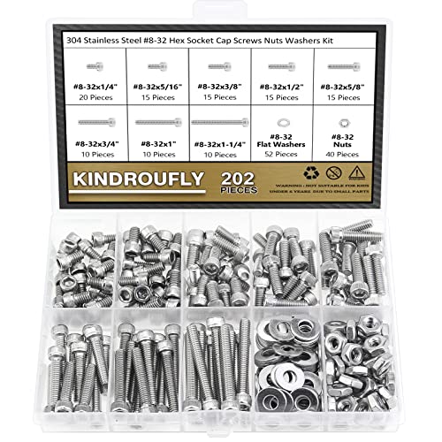 202 Pieces #8-32 x 1/4", 5/16", 3/8", 1/2", 5/8", 3/4", 1", 1-1/4", Hex Socket Head Cap Screws Nuts Washers Assortment Kit, 304 Stainless Steel, Fully Machine Thread - size: #8-32, style: Socket Head