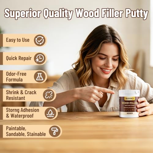 Wood Putty Filler, 10.58 oz White Wood Filler, Paintable Sandable Stainable Wood Filler, Water Resistant Wood Repair Kit, Repair Scratches Cracks Nail Holes for Indoor Outdoor Wood Furniture