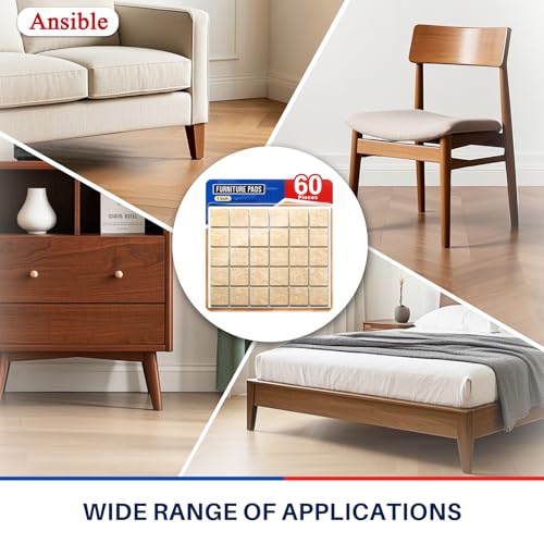 Ansible 60 PCS Felt Furniture Pads 1" for Hardwood Floors - size: 60 PCS 1" Beige, Square