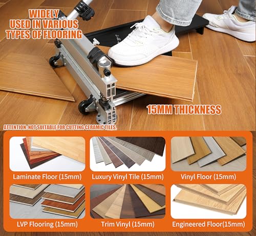 CUTTEREX 13” Laminate/Vinyl Floor Cutter–JUST ONE STEP Easy Angle & Length Cutting, Flooring Tools - Cuts Vinyl Floor, Engineered Wood, LVP, LVT, VCT, SPC, WPC, HSS Blade Mounted, Wheels