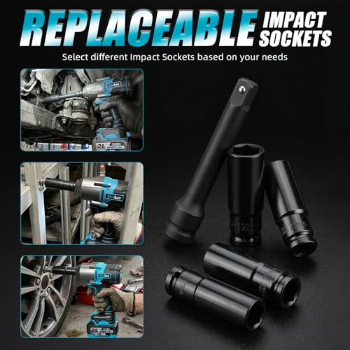Bluebow Cordless Impact Wrench, 737.5 ft-lbs (1000 N·m) Brushless Impact Wrench with 2x4.0Ah Battery, 1/2" 3-Speed Modes Impact Gun with 4 Sockets for Pickup, Truck, Home Car - size: Medium
