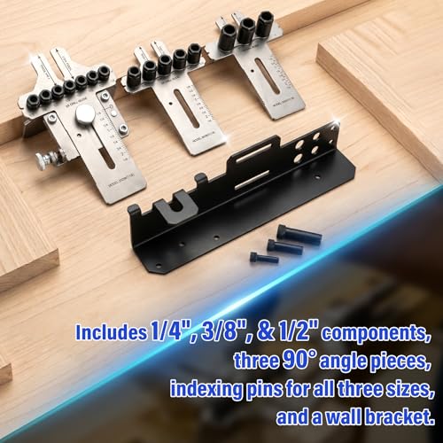 08359 Stainless Dowelling Jig Kit with 1/4", 3/8",and 1/2" All Sizes,High-Strength & Precision Stainless Steel Material with Wall Bracket