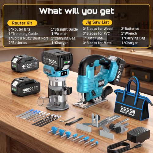 SEESII Cordless Jigsaw and Wood Router Tool Combo Kit - color: Blue Combo