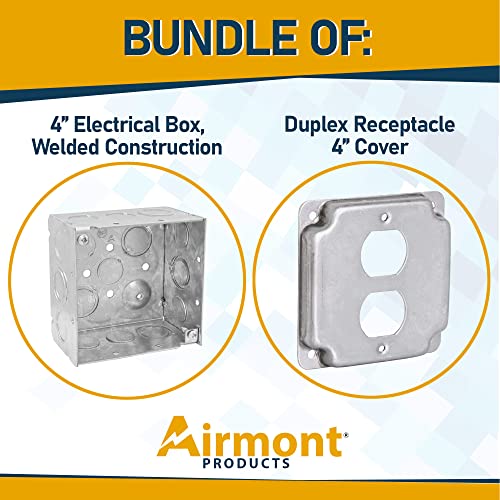 Pack of Box and Cover 4'' Square Electrical Box, 1 Duplex Receptacle Exposed Work Cover, Crushed Corners, Welded Construction, Ten 1/2'' and Six TKO Knockouts, Raised Ground, 2-1/8'' - size: Duplex Receptacle