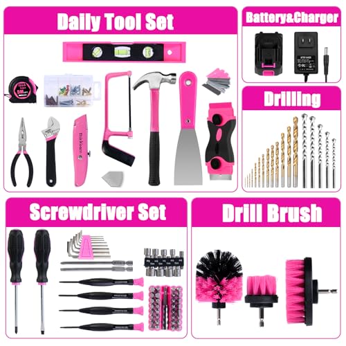 ThinkLearn Tool Kit with 20V Cordless Drill(265in-lbs), Pink Drill Set for Women, Lady's Home Tool Kit for DIY, Daily Repair Tool Set as a Creative Gift with a Large-Capacity Tool Storage Bag