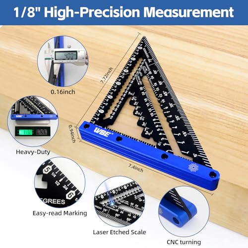 7inch Rafter Square with Carpenter Pencil, 1/8" Precision Heavy Duty Aluminum Woodworking Rule,Laser Etched Scale, Triangle-Ruler Measuring Layout Tool -Blue (Blue & Black) - size: square
