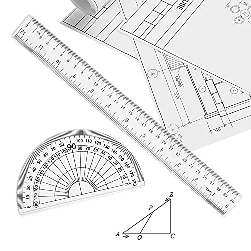 Coopay 12 Inch Math Geometry Tool Plastic Ruler Square Set Includes Straight Ruler, Triangles, Protractor, Compass, Pencil Lead, Pencil Sharpener for Student School Home Office Supplies - size: Math Geometry Tool