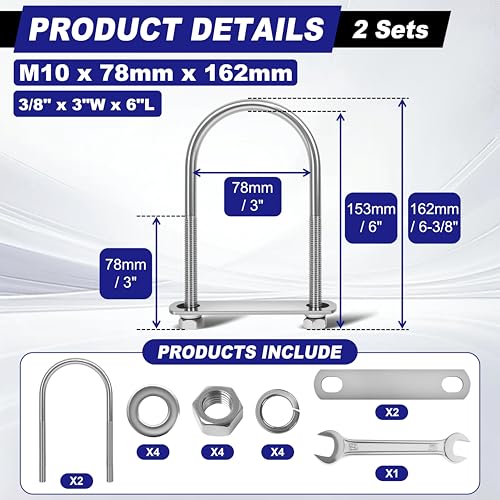 2 Sets M10 U Bolts 3 Inch Wide, 3/8" x 3"W x 6" L | 304 Stainless Steel U Bolt Heavy Duty for boat trailer with Nuts, Bolt Plate and Washers,3/8 u bolt 3 inch,Metric bolts - size: M10 x 78mm x 162mm