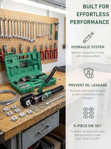 10-Ton Hydraulic Wire Rope Crimping Tool, Hydraulic Swaging Tool, 11 Dies for 3/64"-3/16" Double Barrel Sleeves & Stainless Steel Cable Railing Terminals, Professional Rigging Swager - size: 3/64"-3/16"