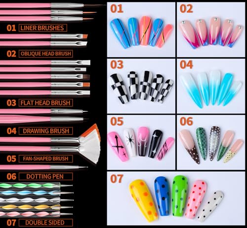 FANDAMEI Nail Art Kit, Nail Design Tools kit with Nail Brushes, Dotting tool, Mixing Palette, Nail Stand. Fake Nail Kits with Almond Gel Nail Tips, Nail Glue, Adhesive Tabs, Nail File. Manicure Set