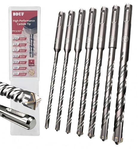 SDS Plus Masonry Drill Bit Set, 7pcs 6.3in (160mm) Rotary Hammer Drill Bits with Storage Case 4-Cutter Cross Tip Double Thread Tungsten Steel Concrete Drill Bit for Concrete, Brick, Stone, Walls