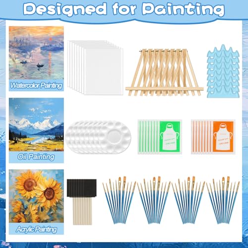 8 Pack Mini Canvas and Easel Set, 8×10 Inch Paint Party Kit Include 8 Small Easels 8 Color Palettes 8 Pen Holders 8 Sponge Brushes 16 Apron and 40 Brushes, Canvas Kit for Painting Party