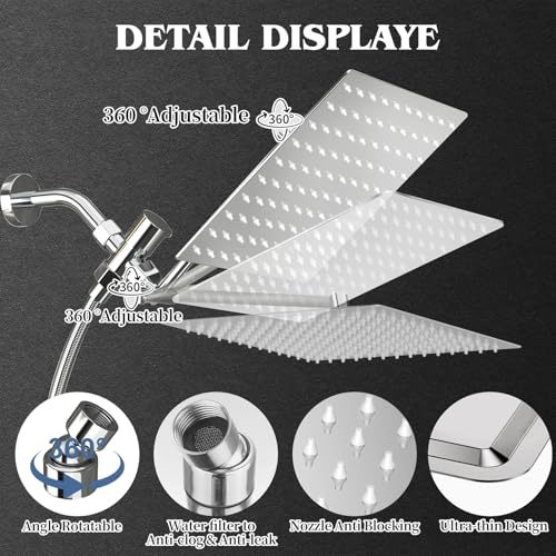 12 Inch Shower Head, Rain Shower Head with Adustable Extension Arm, Detachable Silver Rina Shower Head with Handheld Spray, High Pressure Shower Hose with Holder in Bathroom(Silver) - color: Silver, size: 12 Inch