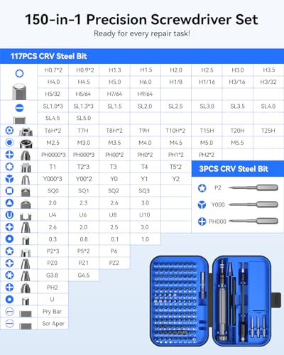 Precision Screwdriver Set, SOONAN 150 in 1 Electronics Tool Kit with 120 Bits Magnetic Screwdriver Set & 30-Bit Magnetic Set Handy Repair Tool for Computer Phone Watch Camera Laptop, Blue - size: 150-IN-Blue