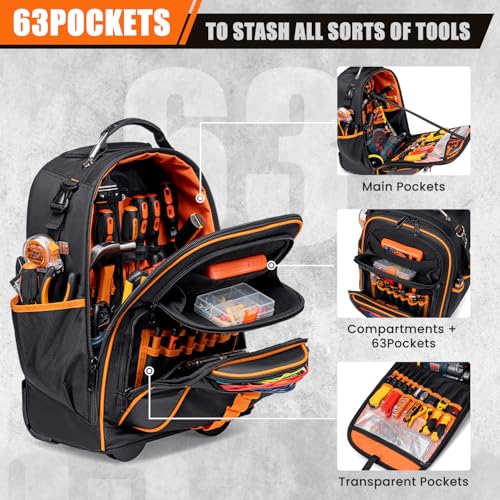 AUROPEAK Rolling Tool Backpack, 63 Pocket Heavy Duty Tool Bag with Wheels - size: 1.38" Wheel