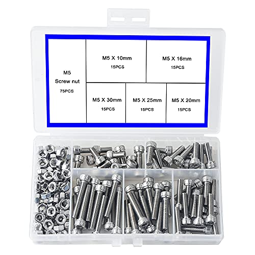 newlng M5 304 Stainless Steel Bolts and Nuts, Hex Flat Head Cap Bolts Screws Nuts Hexagon Socket Head Screw,Heavy Duty Hex Bolts Nuts Assortment, Head Mechanical Parts Combination Box - size: M5