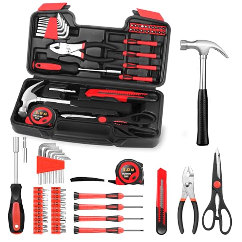 HANGYING 39-Piece Household Tools Kit, Red Home Tool Set with Storage Case - color: Red