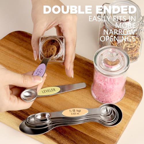 ChefAide Set of 8 Magnetic Measuring Spoons, Stainless Steel, Dual Sided - color: Multicolor-4, size: Magnetic Measuring Spoons