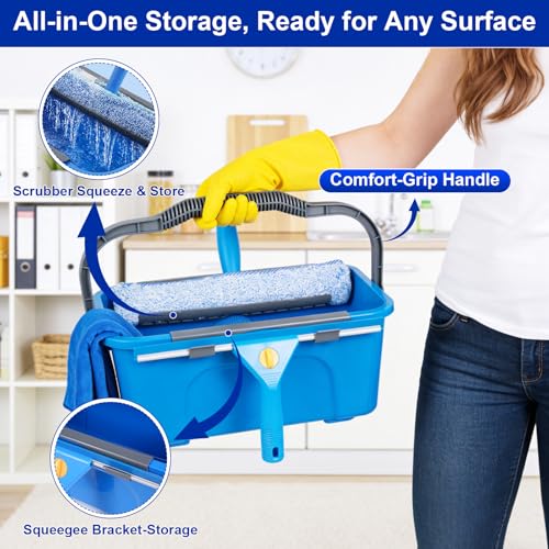 Professional Window Cleaning Kit, Window Washing Kit with 3 Gallon Bucket, 14-Inch Squeegee, 15-Inch Scrubber, 76-Inch Extendable Pole, Set of Window Cleaning Equipment for Home & Commercial Use - size: 76 inch