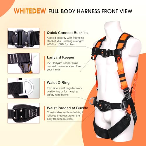 Fall Protection Premium Safety Harness with Shock Absorbing Lanyard, Vented & Padded Shoulder, Legs & Back - Upgrade 4 Quick Buckles (Orange) - color: Orange