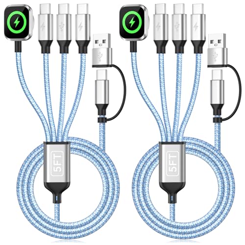 4in2 Multi Charging Cable for iWatch Charger/iPhone Charger/CarPlay Cable, Travel Vacation Essentials, (2Pack 5FT) 3 X USB C/iWatch Charger Cords for iWatch 11-1/iPhone 17-15, Android Car, Blue - color: Blue&White_2, size: 2PCS&5FT