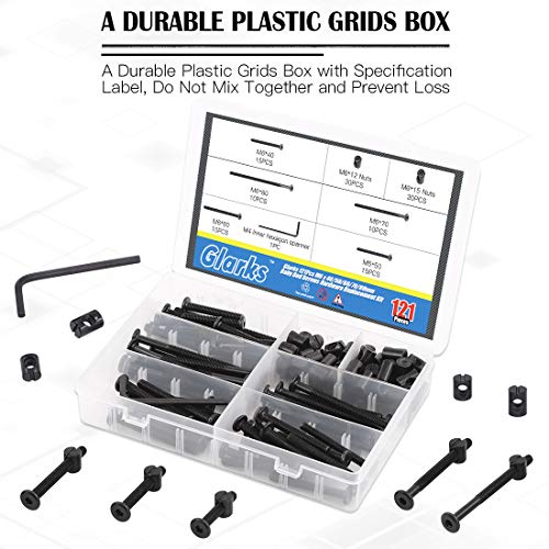 Glarks 120Pcs M6x40/50/60/70/80mm Black Hex Socket Cap Bolt Screws and Barrel Nut Assortment Kit for Crib Baby Bed Cots Furniture