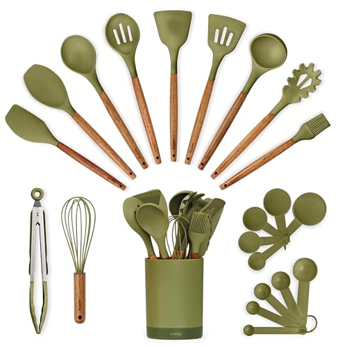 SMIRLY Silicone Kitchen Utensils Set, 22-Piece Acacia Wood Handle, Green - color: Green