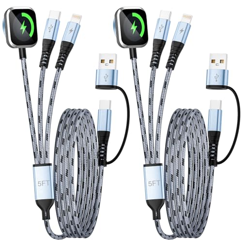 Multi Charging Cable, 5FT 2Packs 3 in 2 Chargers for Multiple Devices, Travel Essentials USB A&C/Type-C/IP Cord Compatible with iWatch/iPhone 17-11/Car - color: Light_Blue&Gray_2, size: 2PCS&5FT