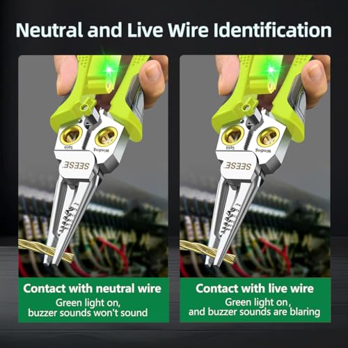 SEESE 8-in-1 Wire Stripper for Electrician: Needle Nose Pliers with Voltage Tester & Dual Alarms - Electrical Pliers for Cutting Wires, Pulling Wires and Crimp Wires