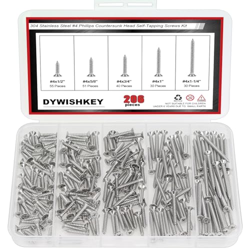 DYWISHKEY 206-Piece Wood Screw Assortment Kit - #4 x 1/2", "5/8", "3/4", "1", "1-1/4" Screws - size: #4