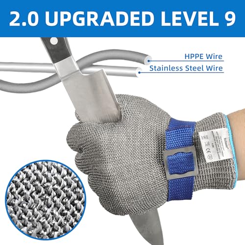 Schwer SlicePro ANSI A9 Cut Resistant Glove PR1707, Food Grade Stainless Steel Wire Metal Gloves, Cutting Gloves for Kitchen, Meat Cutting, Oyster Shucking, Fish Fillet, （M, 2 PCS） - size: Medium (Pack of 2), style: 2.0 Steel Wire+hppe