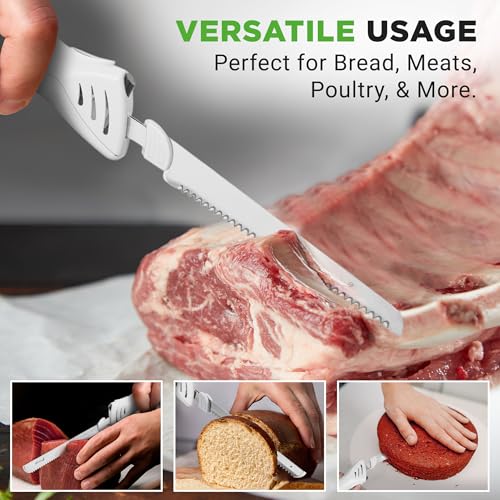 NutriChef Electric Carving Turkey Slicer Kitchen Knife | For Thanksgiving | Portable Electrical Food Cutter Knife Set with Carve Blades & Wood Stand | Cuts Meat, Bread, Cheese & Fruit | White