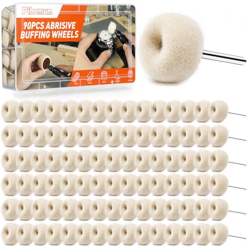 90-Piece Abrasive Buffing & Polishing Wheel Set - 1/8" Shank, 1" (25mm) 80-800 Grit, 15 Wool Felt Buffing Wheels, Rotary Tool Polishing Kit for Metal, Jewelry, Wood, Glass - color: White 90Pcs