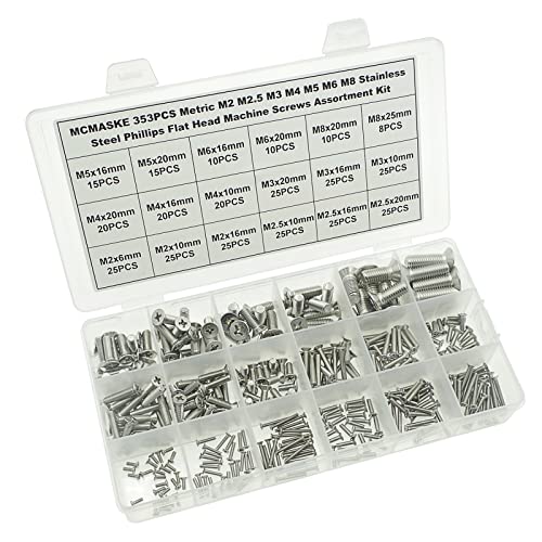 353PCS Metric M2 M2.5 M3 M4 M5 M6 M8 304 Stainless Steel Phillips Flat Head Machine Screws Assortment Kit